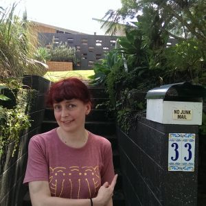 Your tour guide, in front of Grant McLennan's house 