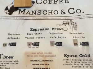 Coffee menu at the Japanese cafe