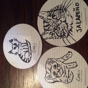 Cat coaster drawings (clockwise from top): Kit, Mike, me